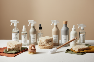 crie uma imagem para coleçao de produtos de limpeza, com produtos de limpeza variados com cores em tons neutros